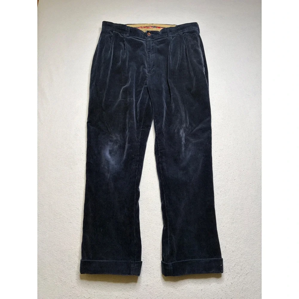 Polo Ralph Lauren Corduroy Pants Mens 36x30 Navy Blue Pleated Distressed Vintage